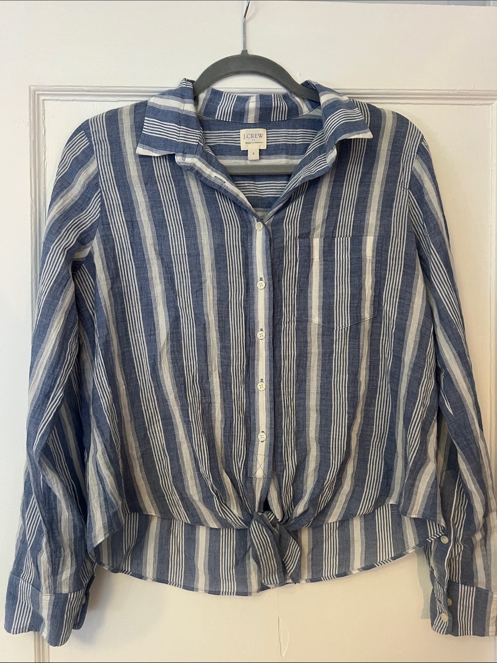 J. Crew Navy and White Striped Tie-Front Button Down Shirt